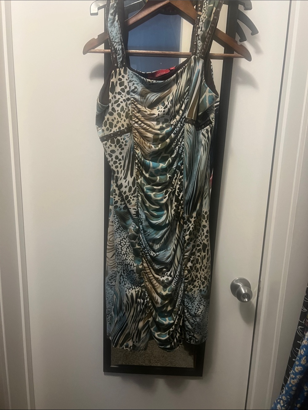Sleeveless Animal-Print Ruched Dress in Teal and Black